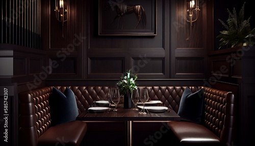 A modern steakhouse with dark wood paneling, leather banquettes, and black marble tabletops." Generative AI © Maksym