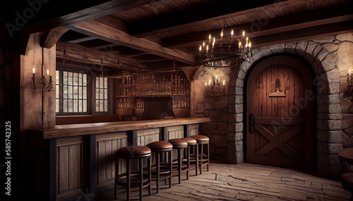 A rustic-themed bar with reclaimed wood walls, wrought iron chandeliers, and stone accents." Generative AI