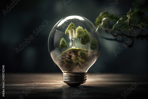 A small tree grows in an electric light bulb, the concept of green energy and earth conservation,Generative AI.