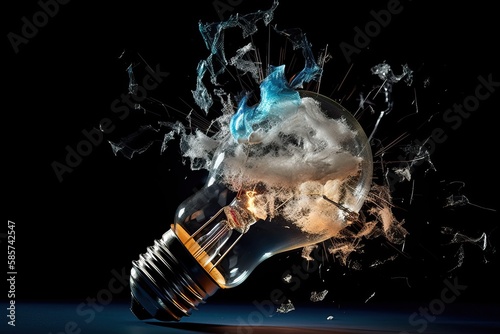 electric light bulb explodes and flies away on a black background, Generative AI.