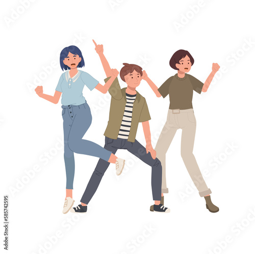 people dancing, having fun together. Young men and women characters group, celebrating event with joy. Flat vector cartoon illustration © Thidarat
