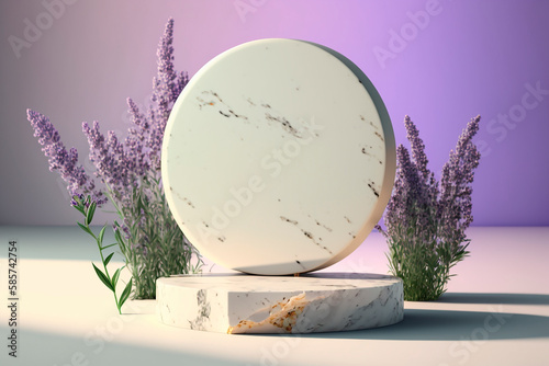 Stone marble catwalk, makeup stand with green leaves lush lavender flowers on light lilac background, modern mockup, copy space. Generative AI.