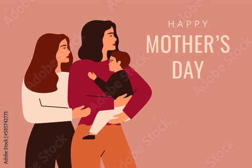 Strong mother surrounded by her children. Young woman holds her son on hands and support her adolescent daughter. Brave Single female parent with kids. Mothers Day greeting card. Vector illustration