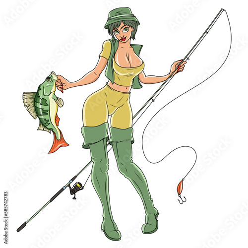 Fisherman girl. Vector Illustration of a Female Fisherman. Pretty Fisherwoman holding Fishing Pole
