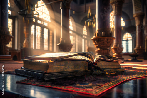 Photographie An open Quran in the mosque serves as a centerpiece for prayer, welcoming believ