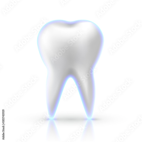 3d mesh white tooth with glowing blue protective layer isolated on white background. Realistic vector human tooth with reflection.