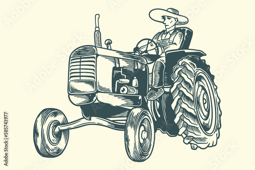 Hand drawing vintage old tractor with farmer in scandinavian style.
