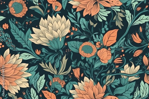 vibrant floral pattern with orange and blue flowers. Generative AI