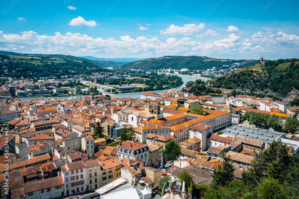 Panorama of the city of Vienne and the Rhone Valley from the hill of Pipet, in the south of France (Isere)