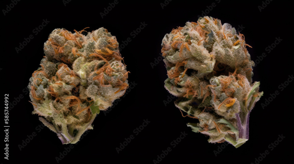pair of cannabis Buds close up on black background