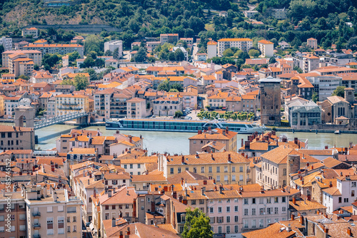 Panorama of the city of Vienne and the Rhone Valley from the hill of Pipet, in the south of France (Isere)