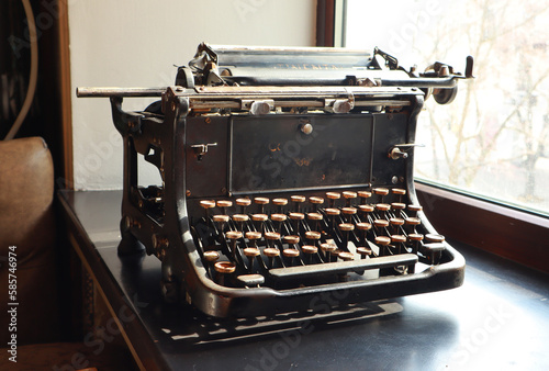 Close up view of vintage black typewriters