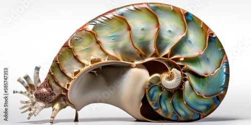 Colorful photorealistic illustration of a nautilus structure  sea life  monochrome background  Generative AI