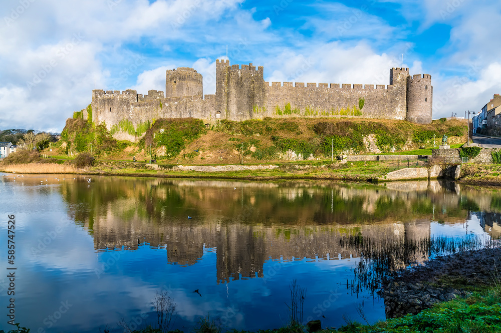 A view of reflections from the Norman castle at Pembroke, Wales on a bright day
