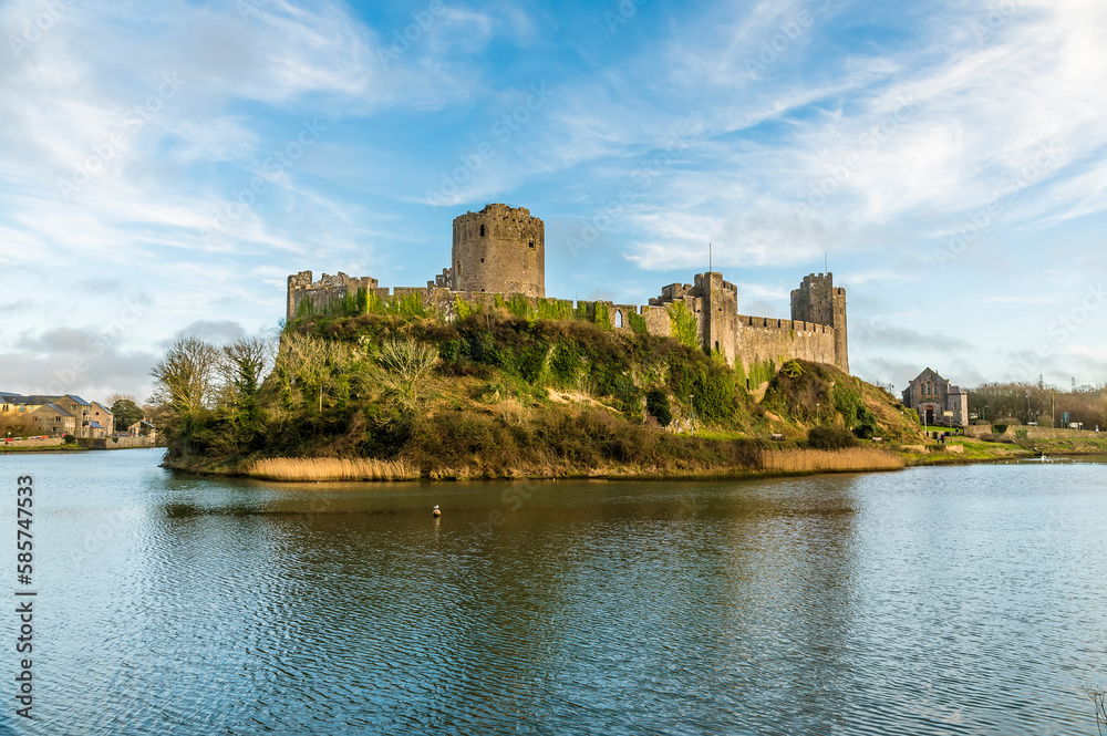 A view from the northern side of the Norman castle at Pembroke, Wales on a bright day