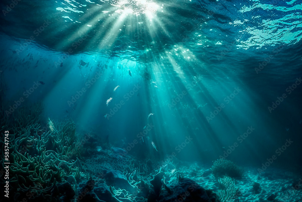 Obraz premium The underwater world in the ocean with fish corals and algae at the bottom of the sea in the sunlight underwater. Marine flora and fauna. Generative AI.