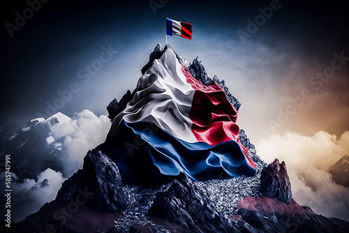 Drapeau français en haut de la montagne, symbole de réussite de  la France - Générative IA photo