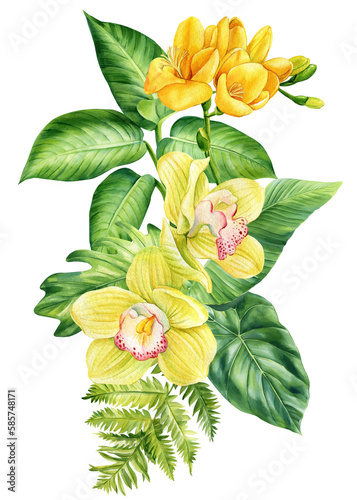Vanilla flower. Palm leaves, flowers. Tropical composition, hand drawn watercolor botanical painting. jungle card