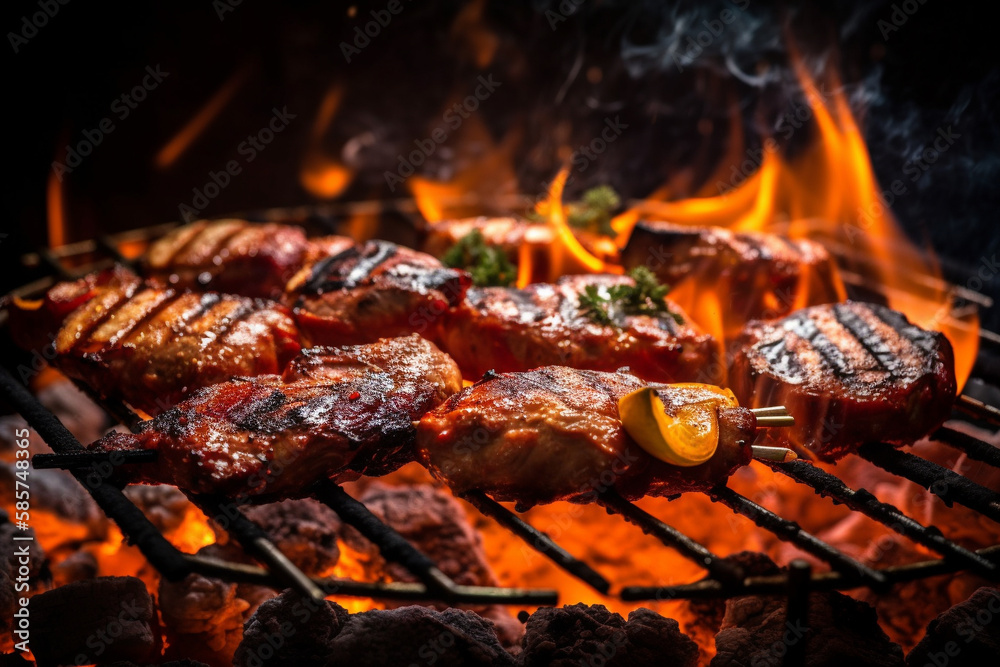 Sizzling Steak, a Mouth-Watering Charcoal Grill Experience. Mix Grill Scene. Ai generated Sizzling Steak, a Mouth-Watering Charcoal Grill Experience. Mix Grill Scene. Ai generated