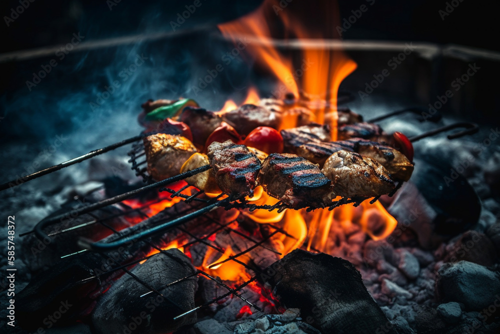 Sizzling Steak, a Mouth-Watering Charcoal Grill Experience. Mix Grill Scene. Ai generated
