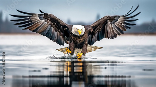 Front view of a bald eagle striking the surface of a lake, claws first, made with generative ai