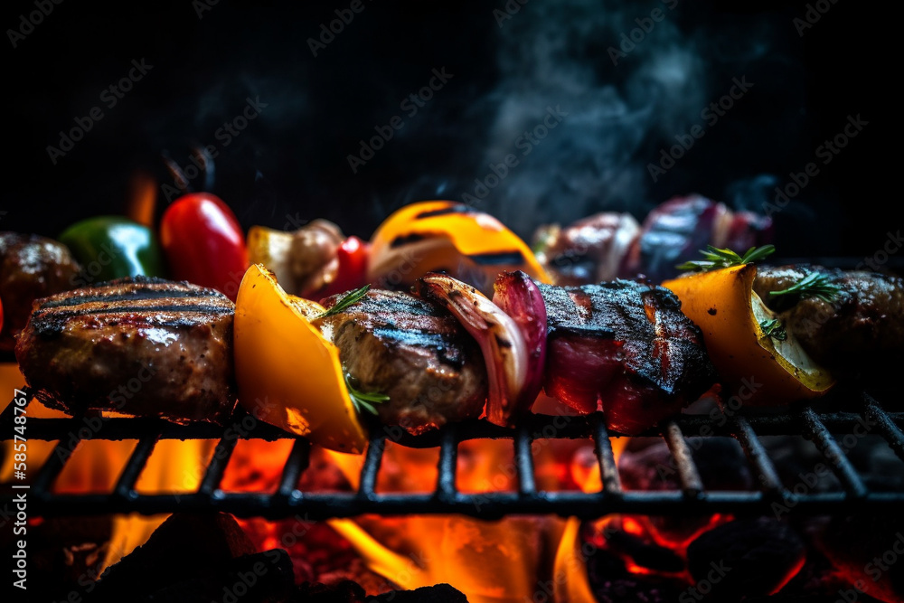 Sizzling Steak, a Mouth-Watering Charcoal Grill Experience. Mix Grill Scene. Ai generated