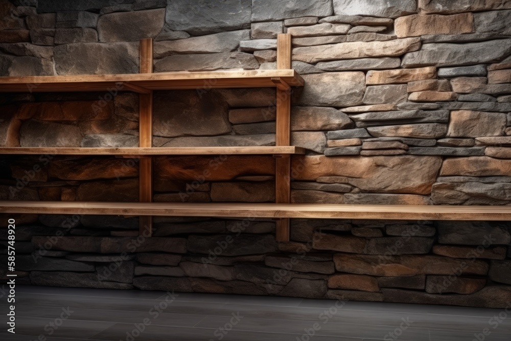 rustic wooden shelf mounted on a stone wall. Generative AI rustic wooden shelf mounted on a stone wall. Generative AI