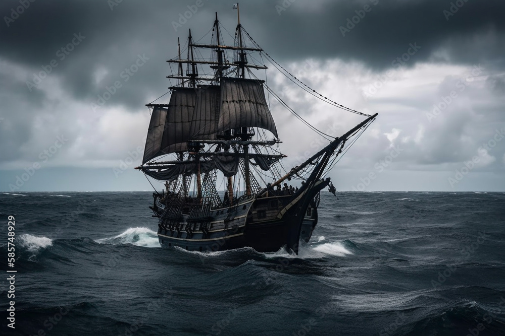 Fototapeta premium The Black Pirate Ship sailing on a stormy sea, representing adventure, danger and excitement on the high seas. Ai generated