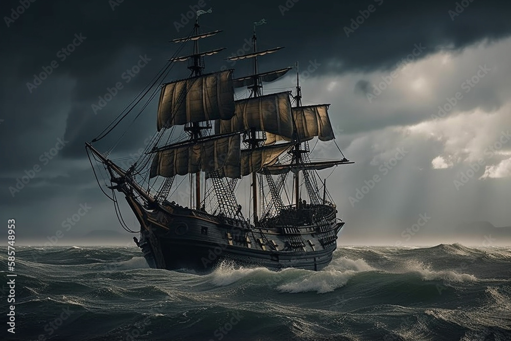 The Black Pirate Ship sailing on a stormy sea, representing adventure, danger and excitement on the high seas. Ai generated