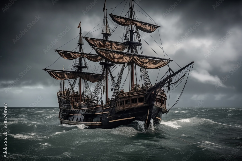 Fototapeta premium The Black Pirate Ship sailing on a stormy sea, representing adventure, danger and excitement on the high seas. Ai generated