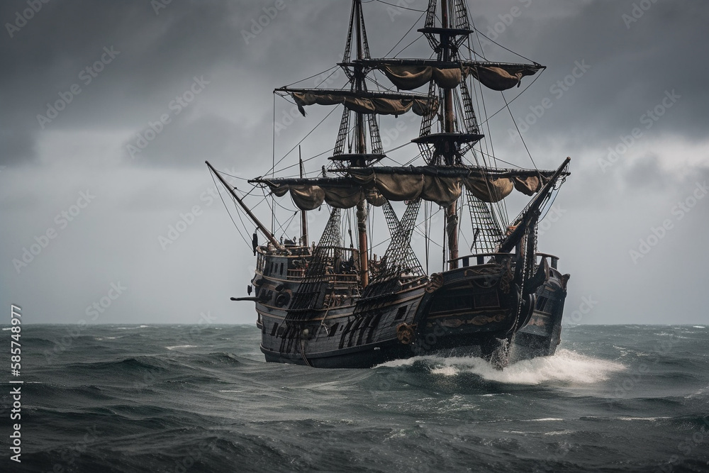 The Black Pirate Ship sailing on a stormy sea, representing adventure, danger and excitement on the high seas. Ai generated The Black Pirate Ship sailing on a stormy sea, representing adventure, danger and excitement on the high seas. Ai generated
