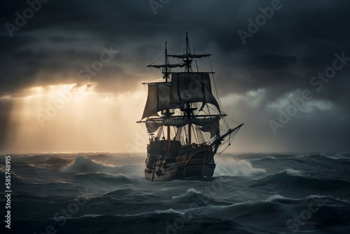 The Black Pirate Ship sailing on a stormy sea, representing adventure, danger and excitement on the high seas. Ai generated © twindesigner