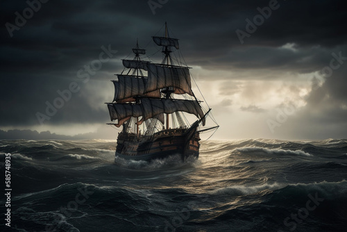 The Black Pirate Ship sailing on a stormy sea, representing adventure, danger and excitement on the high seas. Ai generated © twindesigner