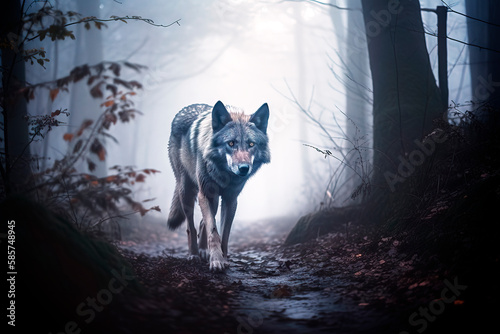 Wolf runs with attentive look on a forest path through a foggy German forest, made with generative ai