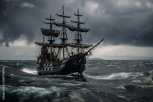 The Black Pirate Ship sailing on a stormy sea, representing adventure, danger and excitement on the high seas. Ai generated