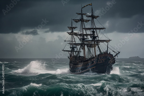 The Black Pirate Ship sailing on a stormy sea, representing adventure, danger and excitement on the high seas. Ai generated