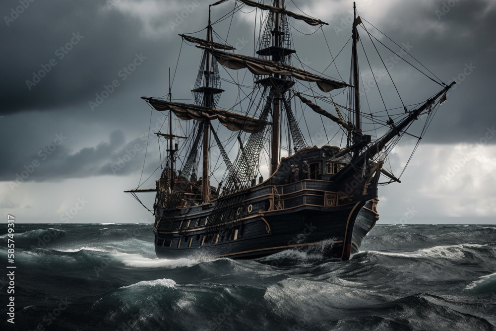 The Black Pirate Ship sailing on a stormy sea, representing adventure, danger and excitement on the high seas. Ai generated