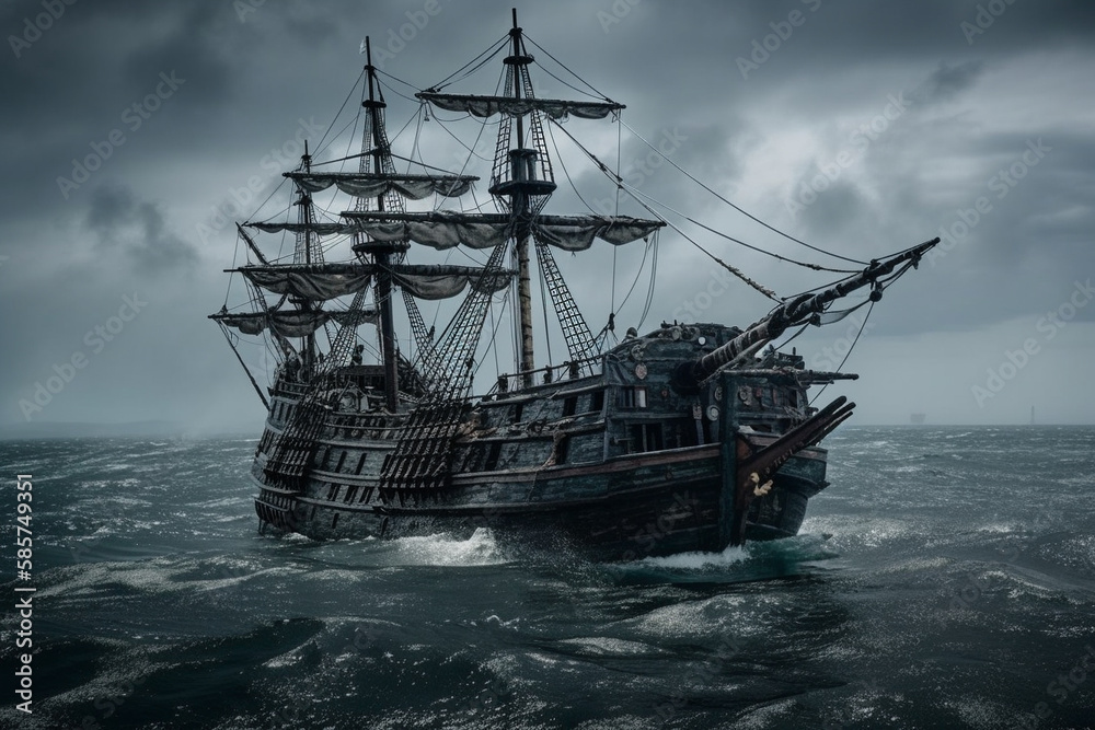 The Black Pirate Ship sailing on a stormy sea, representing adventure, danger and excitement on the high seas. Ai generated