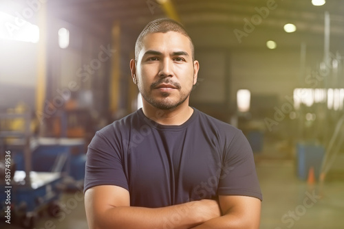 Hispanic factory worker with safety gear and space for text. Generative AI