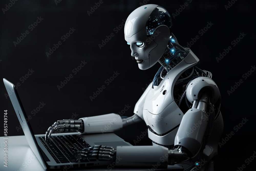 Futuristic humanoid robot, sitting in front of a laptop and texting, representing the concept of artificial intelligence and advanced technology.Ai generated Futuristic humanoid robot, sitting in front of a laptop and texting, representing the concept of artificial intelligence and advanced technology.Ai generated