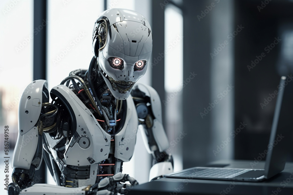 Futuristic humanoid robot, sitting in front of a laptop and texting, representing the concept of artificial intelligence and advanced technology.Ai generated Futuristic humanoid robot, sitting in front of a laptop and texting, representing the concept of artificial intelligence and advanced technology.Ai generated