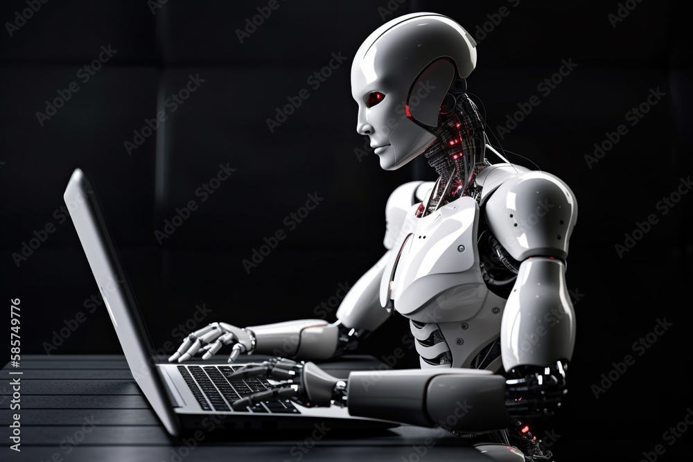 Futuristic humanoid robot, sitting in front of a laptop and texting, representing the concept of artificial intelligence and advanced technology.Ai generated Futuristic humanoid robot, sitting in front of a laptop and texting, representing the concept of artificial intelligence and advanced technology.Ai generated