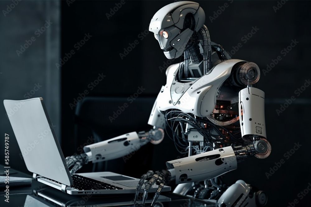 Futuristic humanoid robot, sitting in front of a laptop and texting, representing the concept of artificial intelligence and advanced technology.Ai generated Futuristic humanoid robot, sitting in front of a laptop and texting, representing the concept of artificial intelligence and advanced technology.Ai generated