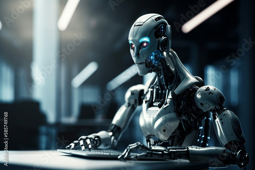Futuristic humanoid robot, sitting in front of a laptop and texting, representing the concept of artificial intelligence and advanced technology.Ai generated © twindesigner