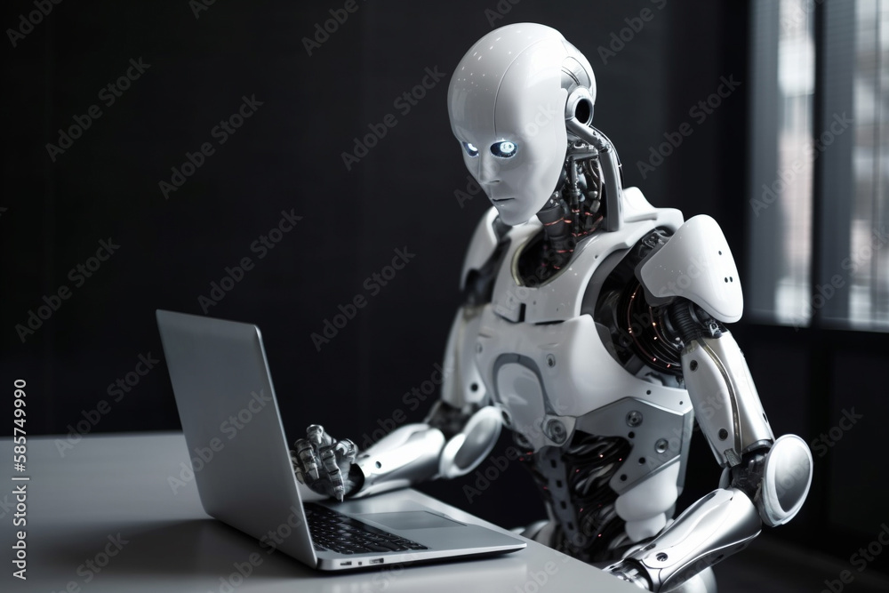 Futuristic humanoid robot, sitting in front of a laptop and texting, representing the concept of artificial intelligence and advanced technology.Ai generated Futuristic humanoid robot, sitting in front of a laptop and texting, representing the concept of artificial intelligence and advanced technology.Ai generated