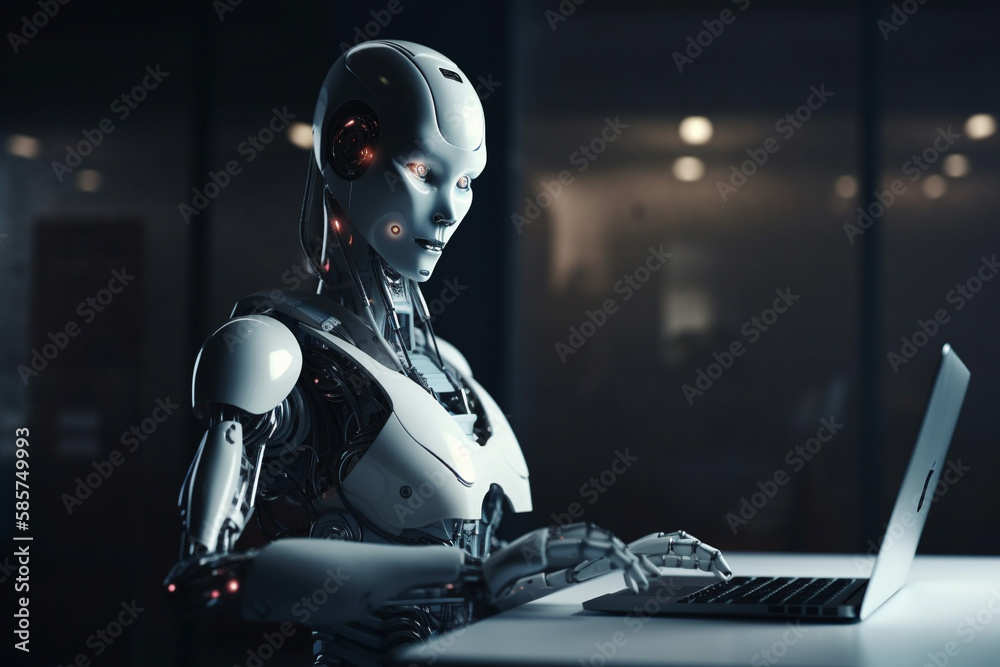 Futuristic humanoid robot, sitting in front of a laptop and texting, representing the concept of artificial intelligence and advanced technology.Ai generated Futuristic humanoid robot, sitting in front of a laptop and texting, representing the concept of artificial intelligence and advanced technology.Ai generated