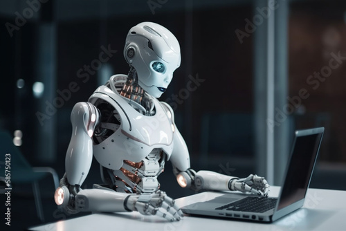 Futuristic humanoid robot  sitting in front of a laptop and texting  representing the concept of artificial intelligence and advanced technology.Ai generated