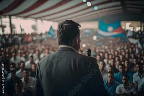 The politician deputy speaks on the stage in front of a crowd of people of citizens, promoting his ideas and views. Propaganda, slogans, political regime. Generative AI