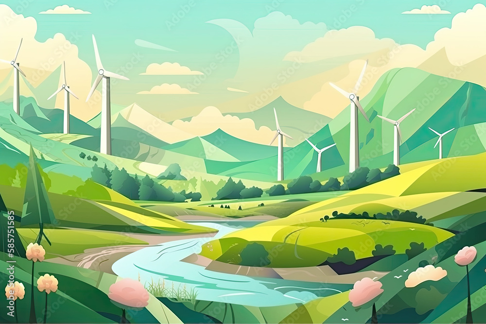 Landscape green with windmills and rivers, green energy, electricity generation, eco-concept, generative AI