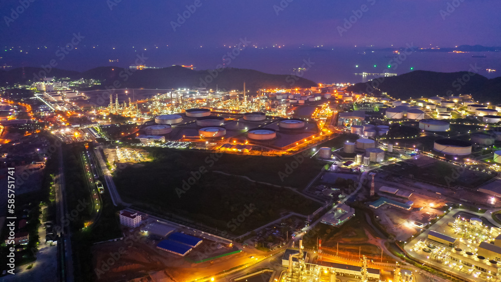 Aerial view of twilight petrochemical oil refinery plants, oil and gas ...